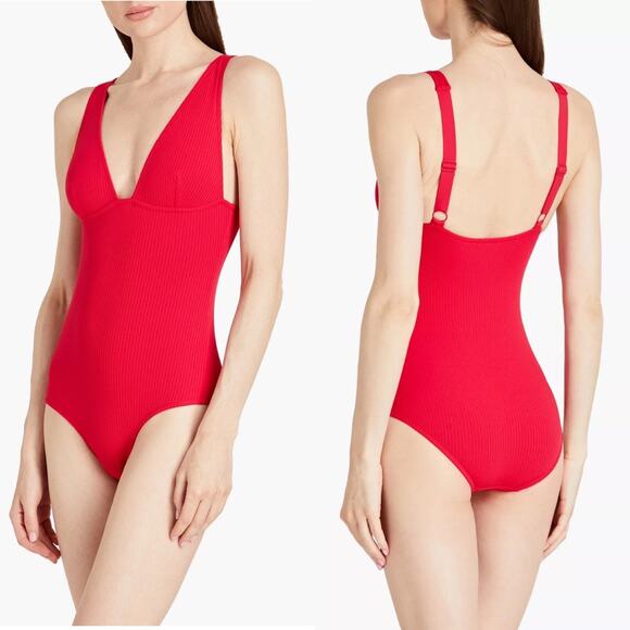 Zimmermann One-Piece Ribbed Deep V Swimsuit Red Women's 2-4 NWT - Picture 1 of 10